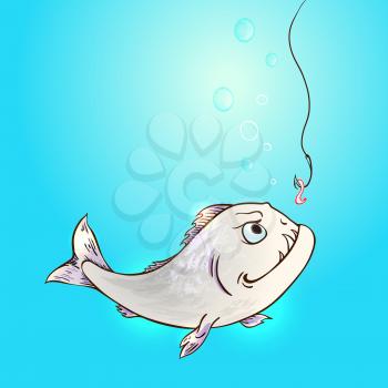 Piranha fish and worm on hook in a blue water. Hand drawn vector illustration.