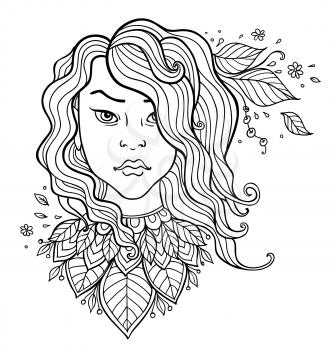 Hand drawn vector girl with long hair and leaves. Black and white contour illustration.
