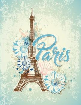 Vintage travel background with Eiffel Tower and flowers. Vector illustration.