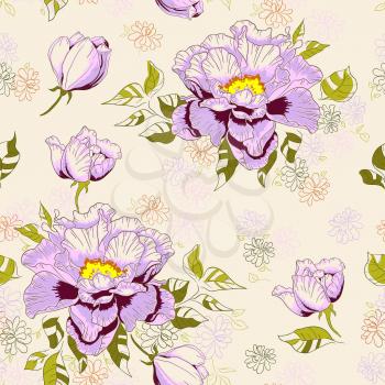 Vintage floral hand drawn seamless pattern with peony flowers