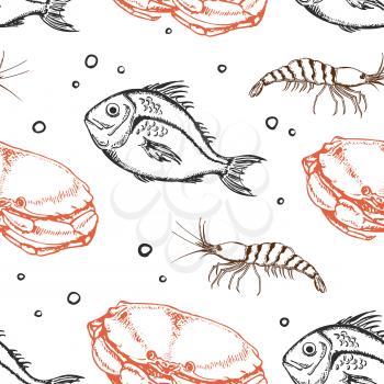 Vector vintage seamless pattern with crab, shrimp and fish. Seafood background.