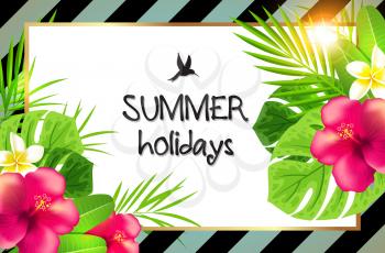 Summer tropical background with green palm leaves and red flowers. Summer holiday lettering. Retro striped background.