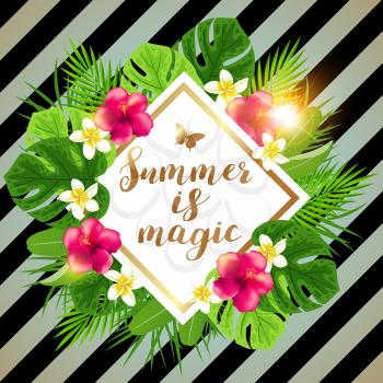 Summer tropical banner with green palm leaves and flowers. Summer is magic lettering. Retro striped background.