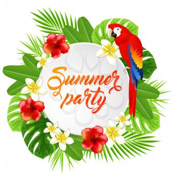 Summer background with red tropical flowers, green palm leaves and parrot. Summer party lettering.