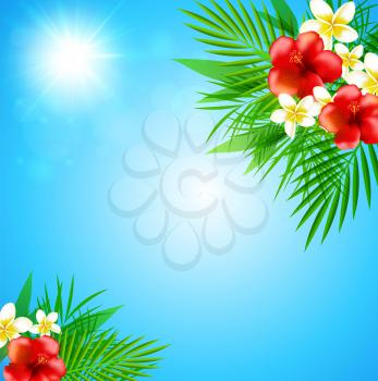Blue summer tropical background with flowers and palm leaves