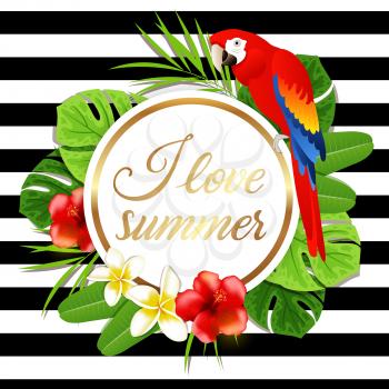 Summer round tropical background with green palm leaves, flowers and red parrot. I love summer lettering.