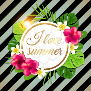 Summer round tropical banner with green palm leaves and flowers. I love summer lettering. Retro striped background.