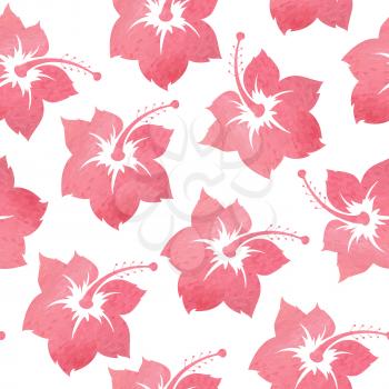 Tropical vector seamless pattern with red watercolor flowers on a white background