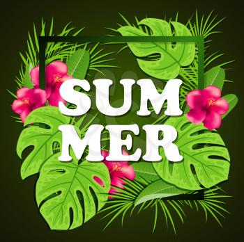 Summer background with red tropical flowers and green palm leaves in frame. 