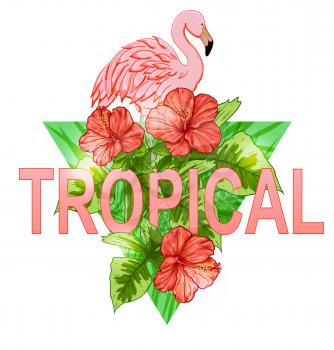 Pink flamingo and red tropical flowers on a green triangle background
