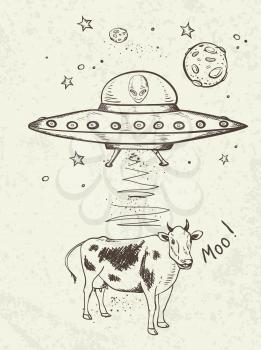 Fantastic doodle background with UFO abducts a cow. Hand drawn vector illustration.