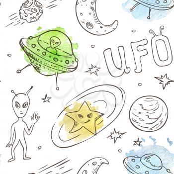 Doodle seamless pattern with space ship and aliens on a white background