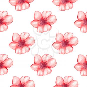 Hand drawn watercolor seamless pattern with red flowers on a white background