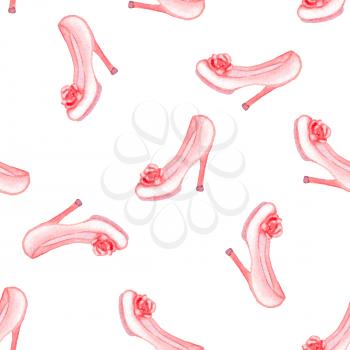 Hand drawn watercolor seamless pattern with pink shoes on a white background