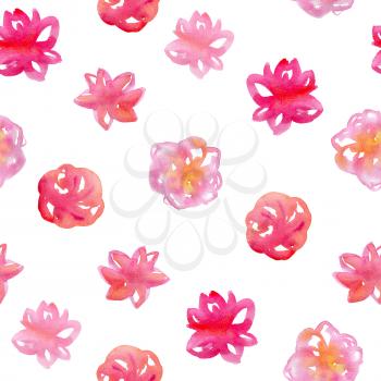 Watercolor floral seamless pattern with pink flowers on a white background