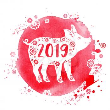 Cute pig symbol of Chinese zodiac for 2019 new year. Silhouette of pig on a pink watercolor background. Hand drawn vector illustration