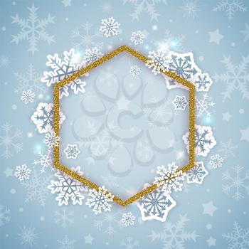 Christmas background with golden glittering frame and white snowflakes. New year greeting card. Vector illustration