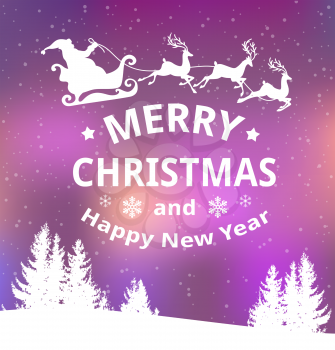 Christmas vector background with Santa Claus and winter snowy landscape. New Year greeting card. Merry Christmas lettering