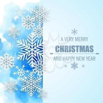 Christmas and New Year greeting card with white snowflakes and blue watercolor texture. Festive decorative vector background