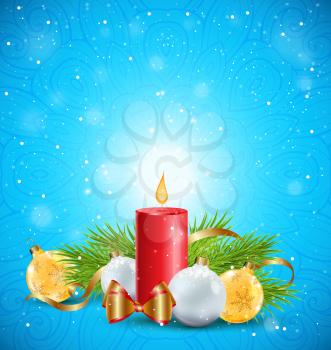Christmas greeting card with red candle, green fir branch and white decorations on a blue background. 