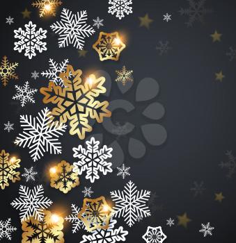 Vector Christmas greeting card. White and golden snowflakes on a black background.