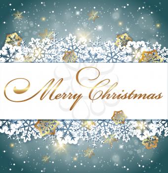 Christmas banner with white and golden snowflakes. Decorative vector background for new year greeting card