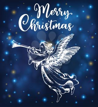 Christmas angel blows into the trumpet on a blue shining background. Hand drawn vector greeting card in vintage style. Merry Christmas lettering