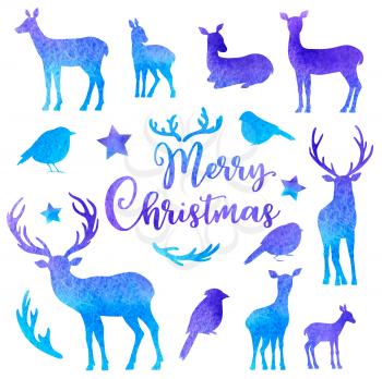 Set of vector watercolor deers and birds silhouettes on a white background. Winter Christmas design kit