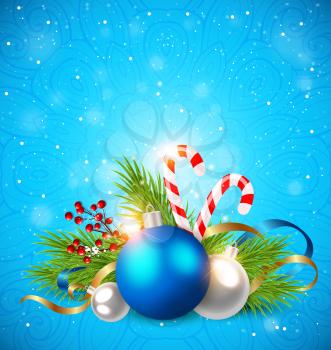 Christmas greeting card with green fir branch and decorations on a blue background.