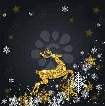 Vector Christmas greeting card. Snowflakes and golden glitter deer on a black background.