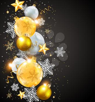 Abstract vector Christmas card with snowflakes. White and golden decorations on a black background. 