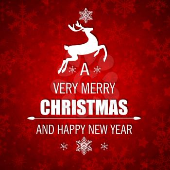 Decorative red vector Christmas background with white deer and greeting inscription. 