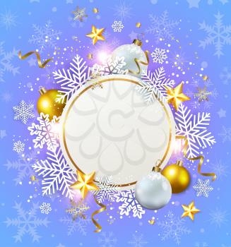 Abstract vector Christmas round banner. Holiday background with white snowflakes and golden decorations. 