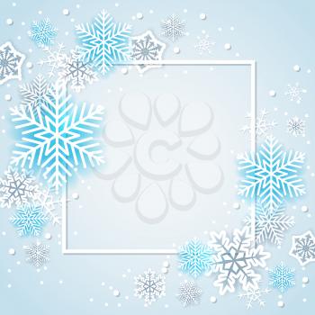 Holiday background with white and blue snowflakes in frame. Abstract Christmas banner.
