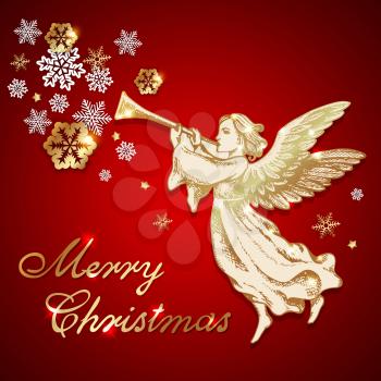 Golden vintage Christmas angel blows into the trumpet on a red background. Vector greeting card. Merry Christmas lettering