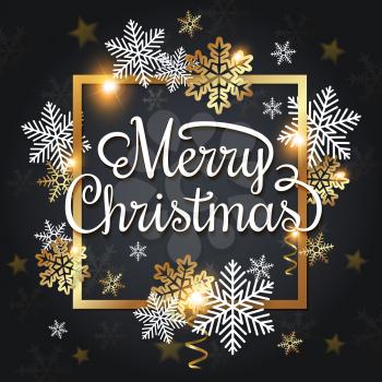 Vector Christmas greeting card. White and golden snowflakes in a golden frame on a black background. Merry Christmas lettering