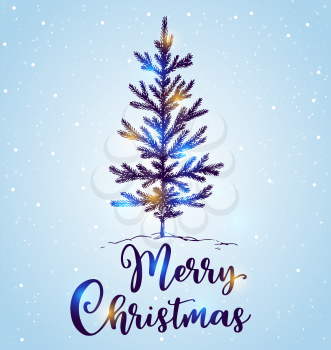 Hand drawn Christmas tree in the snow on a blue background. Merry Christmas lettering. Design for greeting card.