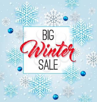Design for Seasonal Winter Christmas Sale. White snowflakes on a blue background. Vector illustration
