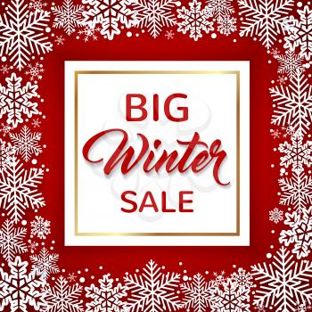 Decorative winter frame with white snowflakes on a red background. Design for seasonal Christmas sale