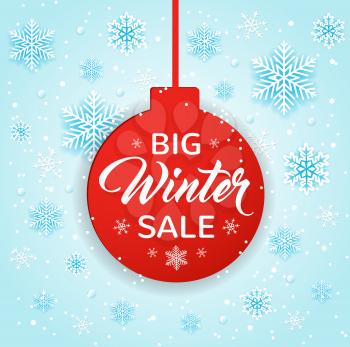 Design for Seasonal Winter Christmas Sale. Red decoration and white snowflakes on a blue background. Vector illustration
