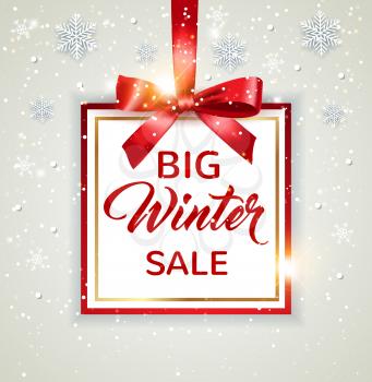 Decorative vector winter background with white snowflakes and lettering. Design for seasonal Christmas sale with red frame and bow