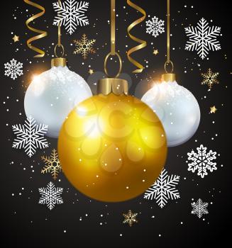 Vector greeting Christmas card with snowflakes and baubles. White and golden decorations on a black background. 