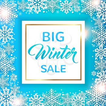 Decorative winter frame with white snowflakes on a blue background. Design for seasonal Christmas sale. Vector illustration