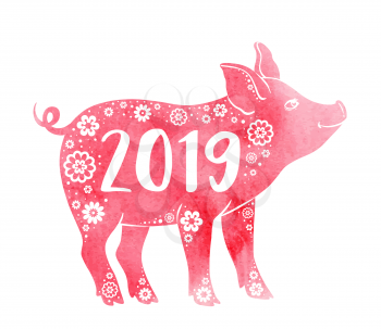 Cute pig symbol of Chinese zodiac for 2019 new year. Pink watercolor silhouette of pig and lettering. Hand drawn vector illustration