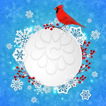 Vector Christmas banner with white paper snowflakes and red cardinal bird on a blue background. New year greeting card.