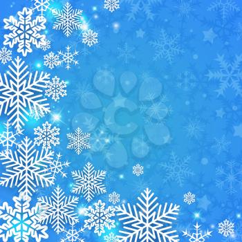 Blue abstract Christmas background with white snowflakes. Design for new year greeting card. Vector illustration.