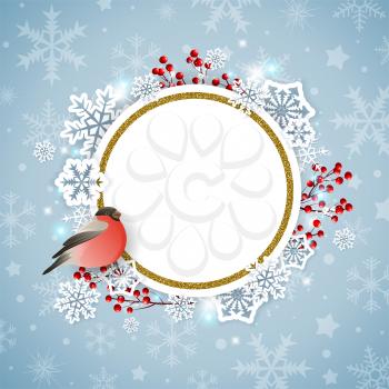 Vector Christmas background with white snowflakes and bullfinch bird. New year greeting card.
