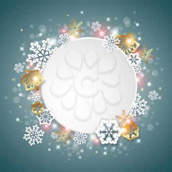 Vector green Christmas background with white and golden snowflakes. New year greeting card.