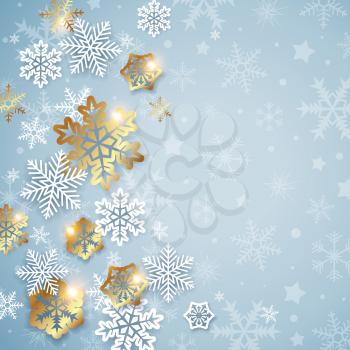 Abstract Christmas background with white and golden snowflakes. Design for new year greeting card. Vector illustration.
