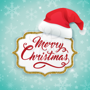 Christmas card with golden frame and hat of Santa Claus on a green background. Vector illustration.